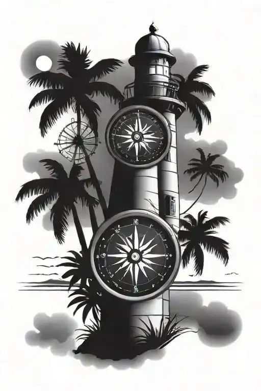 compass with lighthouse pointing south and palm tree pointing west tattoo design idea