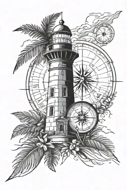 compass on top of  lighthouse pointing south and palm tree pointing west tattoo design idea