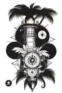 Compass with lighthouse and palm tree branches tattoo design idea