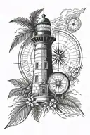 compass on top of  lighthouse pointing south and palm tree pointing west tattoo design idea
