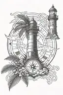 compass on top of  lighthouse pointing south and palm tree pointing west tattoo design idea