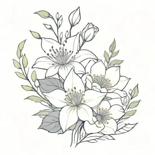 a bouquet of flower with water Lilly, daffodil, poppy, morning glory, chrysanthemum, and holly berry tattoo design idea