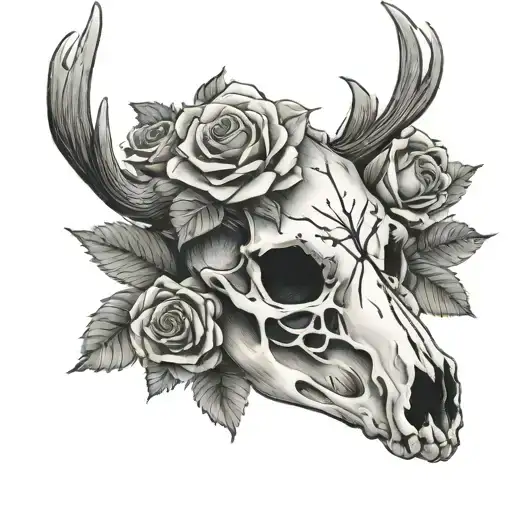 deer skull and roses tattoo design idea