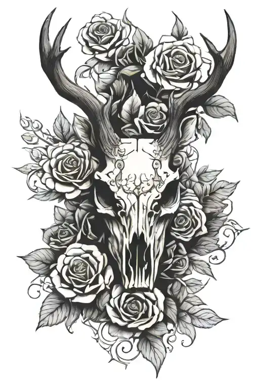 deer skull and roses tattoo design idea