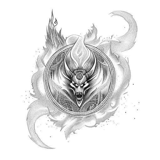 Bonfire surrounded by mystical creatures tattoo design idea