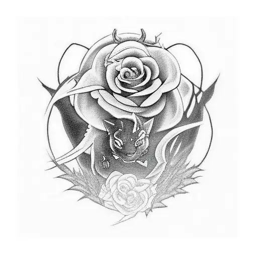black Dragon with red eyes shrouded in roses with a black panther below it tattoo design idea