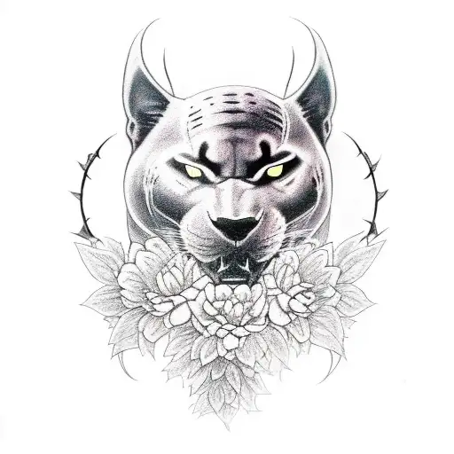 black Dragon with red eyes shrouded in flowers with a black panther below it tattoo design idea