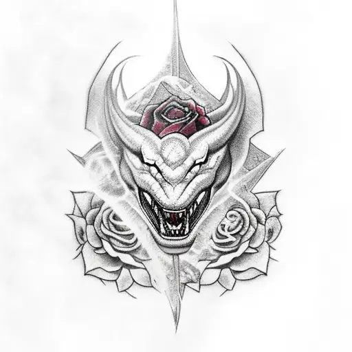 Dragon shrouded in roses with a black panther below it tattoo design idea