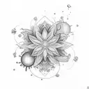 The "Cosmic Blossom" tattoo concept combines elements of the universe, strength, and floral imagery in a minimalist line tattoo design idea