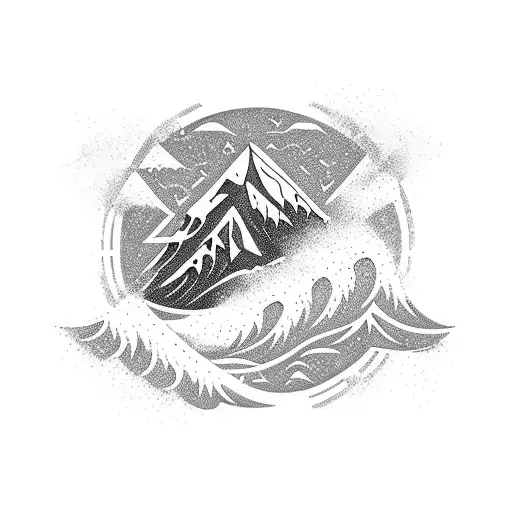 pair of ski and a sail with a backdrop of a mountain turning into waves tattoo design idea