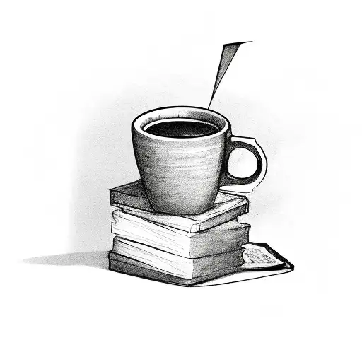 A stack of books with a coffee cup balancing on top tattoo design idea
