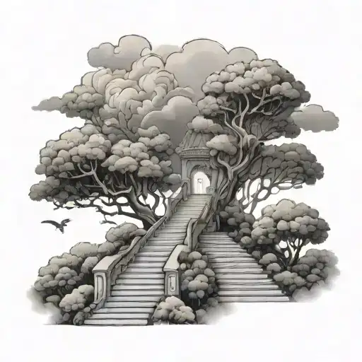 a man walking up a stairway to heaven threw trees and clouds  tattoo design idea