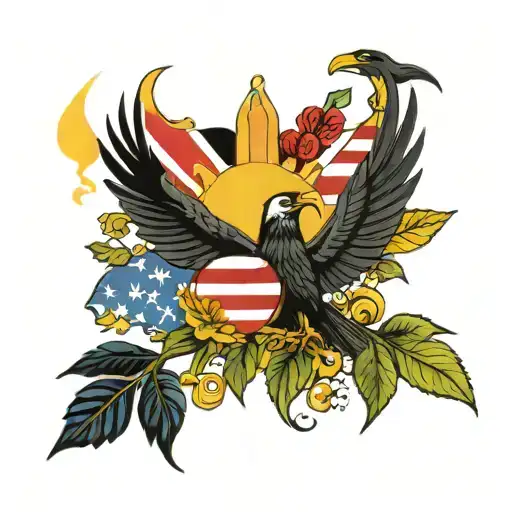 A traditional tattoo design featuring the Maryland state flag waving in the wind, surrounded by iconic symbols like the Ravens logo, a Black eyed Susan, and a silhouette of Edgar Allen Poe, showcasing the client's pride for their home state and its history. tattoo design idea