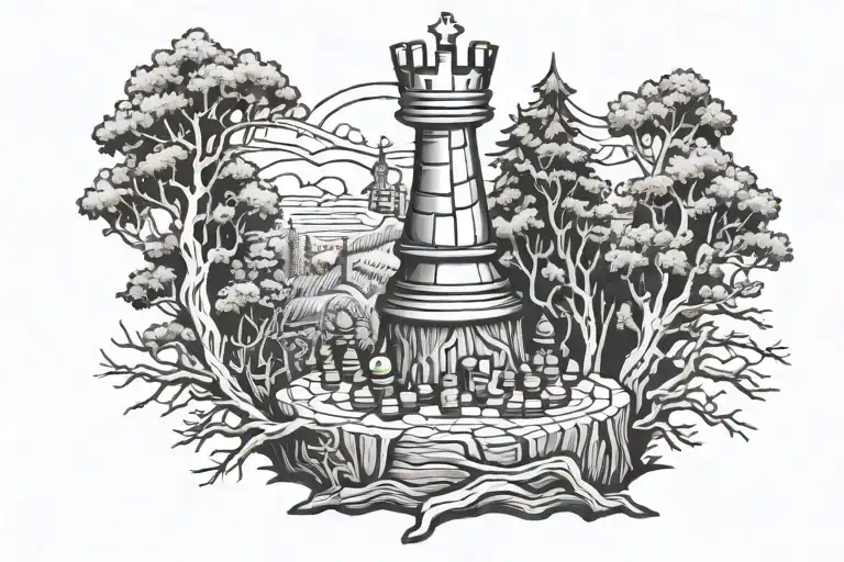 knight chess piece growing out of tree stump tattoo design idea