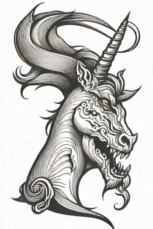 mean unicorn head tattoo design idea