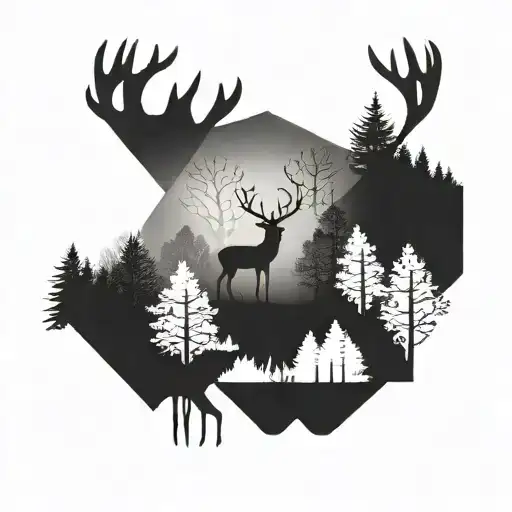 foggy forest with stag standing tattoo design idea