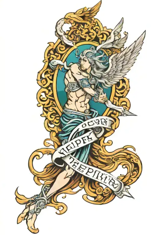 seraphim angle with word neptune around it  tattoo design idea