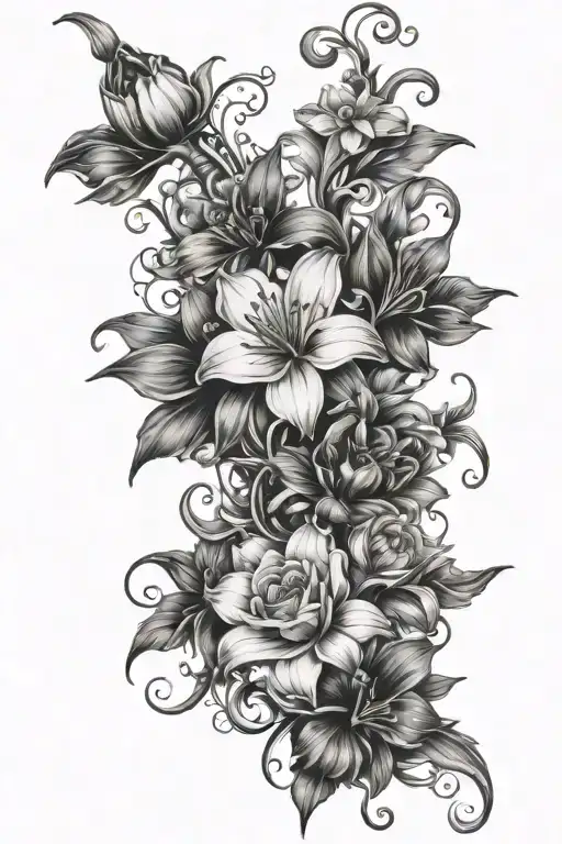 Vine spine tattoo with cosmos, lilies, roses, narcisuss flowers tattoo design idea