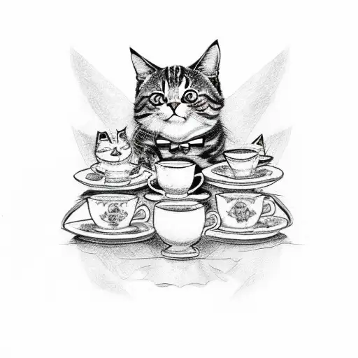 A whimsical sketch-style tattoo of cats enjoying a tea party with the characters from How I Met Your Mother tattoo design idea