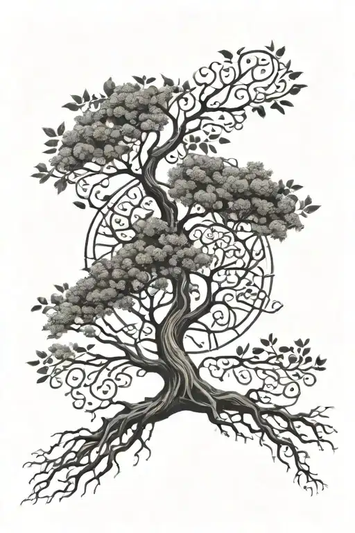 A tree of life with the Sanskrit word for 'change' intertwined in the roots, representing growth and embracing change tattoo design idea