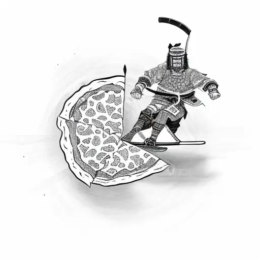 Skateboarding samurai slicing through a pizza tattoo design idea