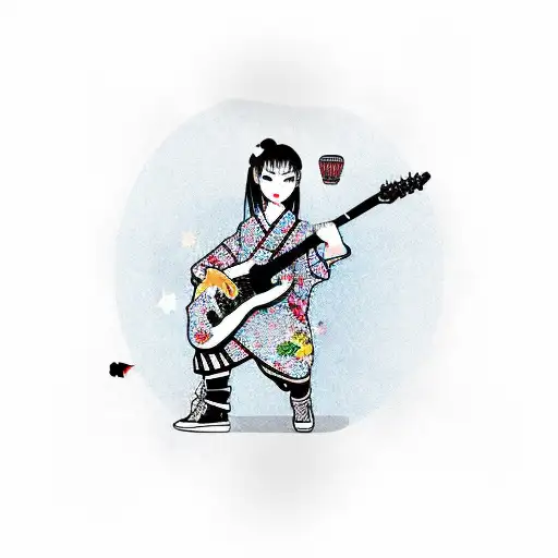 A grunge-inspired tattoo of a girl playing a guitar in a Japanese kimono tattoo design idea