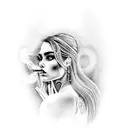 A realistic depiction of a stunning girl with a cigarette smoke forming intricate patterns around her tattoo design idea