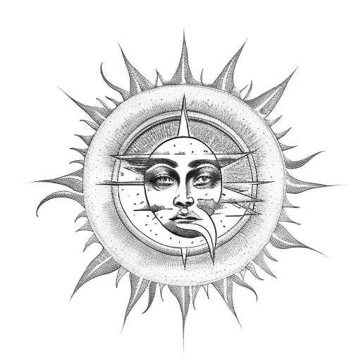 A celestial scene with the sun, moon, and stars shining over the sea tattoo design idea