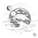 A celestial scene with the sun, moon, and stars shining over the sea tattoo design idea