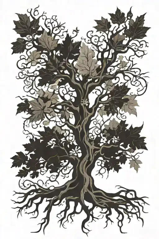 plane tree with roots and roots reaching into the fluer de lis symbol tattoo design idea