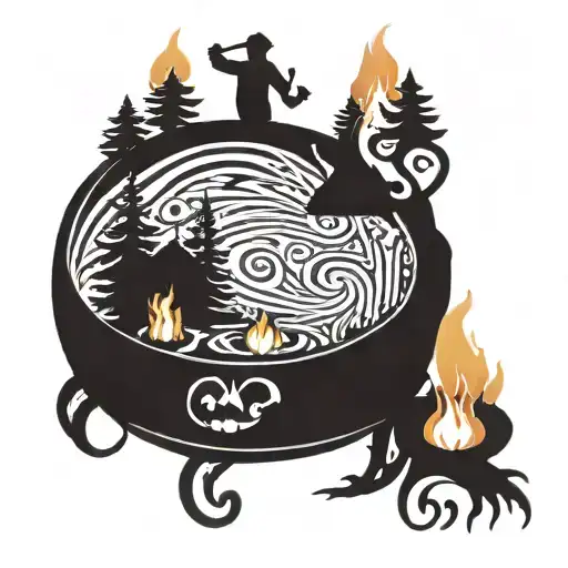 A swirling aurora borealis design intertwined with a cozy fire pit scene, incorporating elements of a lively party atmosphere tattoo design idea