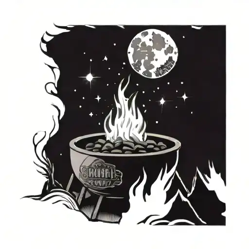 A swirling aurora borealis design intertwined with a cozy fire pit scene, incorporating elements of a lively party atmosphere tattoo design idea