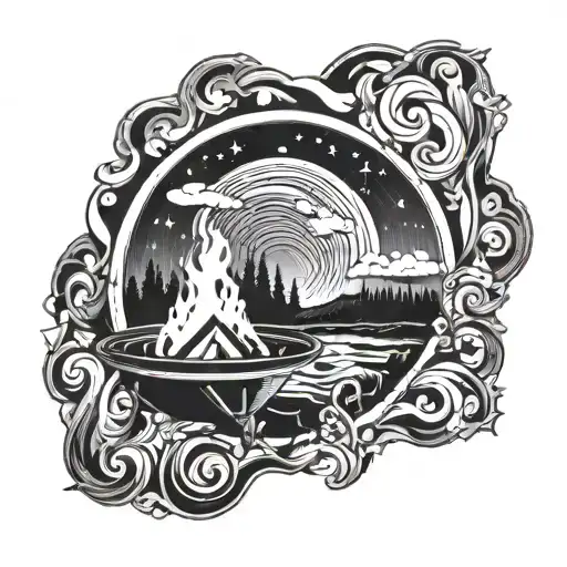 A swirling aurora borealis design intertwined with a cozy fire pit scene, incorporating elements of a lively party atmosphere tattoo design idea