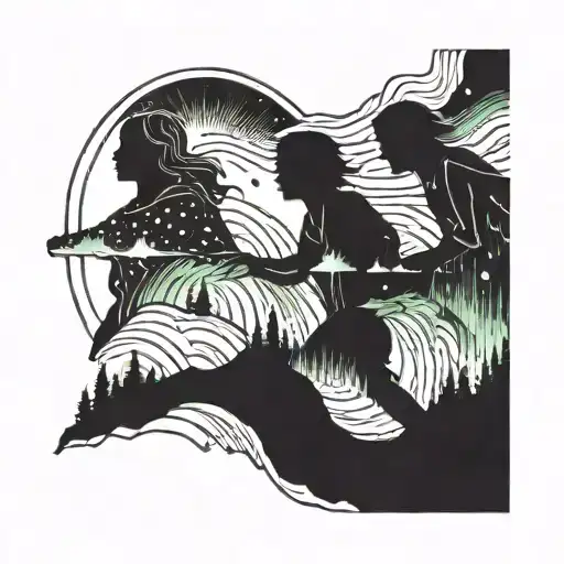 A aurora borealis above 3 figures having fun tattoo design idea