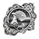 A swirling aurora borealis design intertwined with a cozy fire pit scene, incorporating elements of a lively party atmosphere tattoo design idea