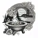 A swirling aurora borealis design intertwined with a cozy fire pit scene, incorporating elements of a lively party atmosphere tattoo design idea