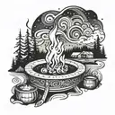 A swirling aurora borealis design intertwined with a cozy fire pit scene, incorporating elements of a lively party atmosphere tattoo design idea