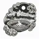 A swirling aurora borealis design intertwined with a cozy fire pit scene, incorporating elements of a lively party atmosphere tattoo design idea