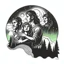 A aurora borealis above 3 figures having fun tattoo design idea