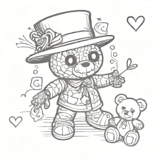 voodoo doll with teddy bear with trickster hat appearance in line art, dices around him, and hearts cards behind the ted tattoo design idea