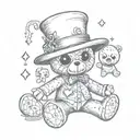 voodoo doll with teddy bear with trickster hat appearance in line art, dices around him, and hearts cards tattoo design idea
