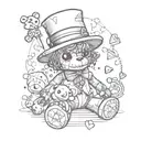 voodoo doll with teddy bear with trickster hat appearance in line art, dices around him, and hearts cards tattoo design idea