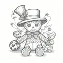 voodoo doll with teddy bear with trickster hat appearance in line art, dices around him, and hearts cards tattoo design idea