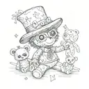 voodoo doll with teddy bear with trickster hat appearance in line art, dices around him, and hearts cards tattoo design idea