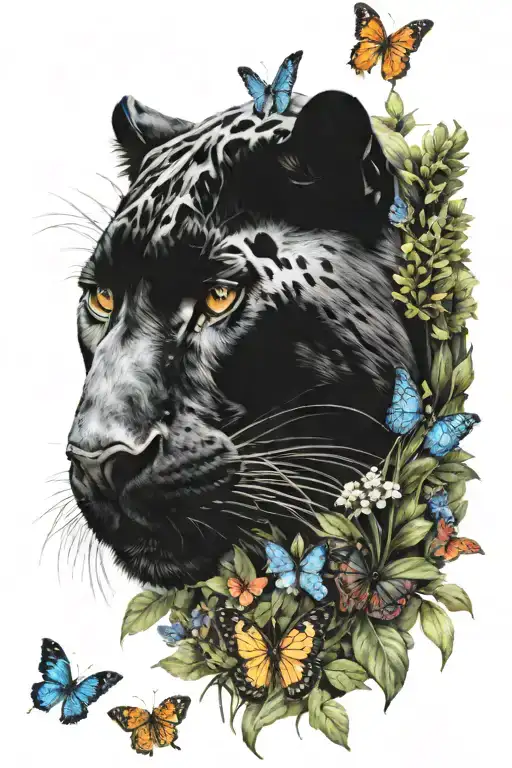 panther in plants among butterflies flying tattoo design idea