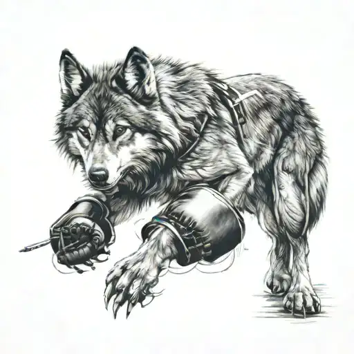A wolf and cross fusion design, with boxing gloves incorporated into the overall composition tattoo design idea