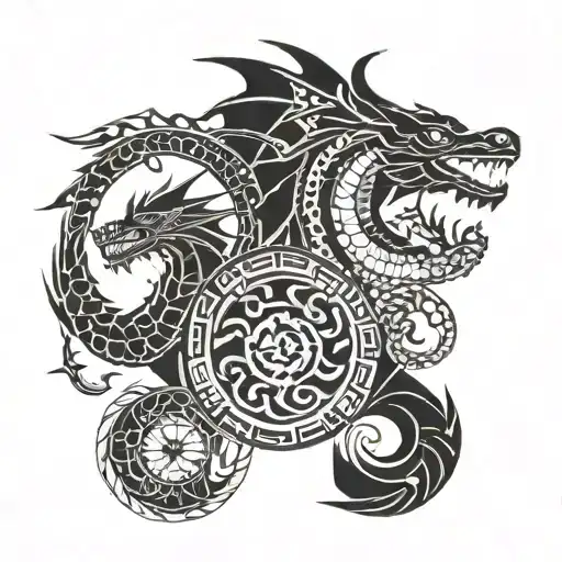 dragons circling with sun and moon surrounded tattoo design idea