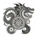 dragons circling with sun and moon surrounded tattoo design idea