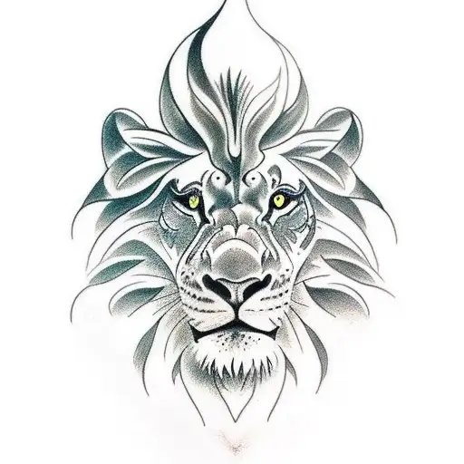 i want a tattoo of 2 fish from a top view swimming around the front view of a lion head tattoo design idea