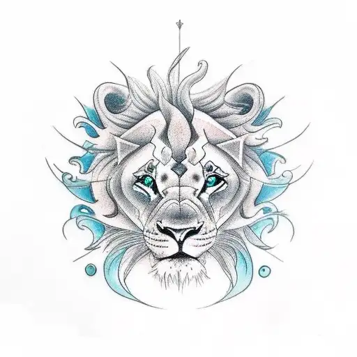 i want a tattoo of 2 fish from a top view swimming around the front view of a lion head tattoo design idea